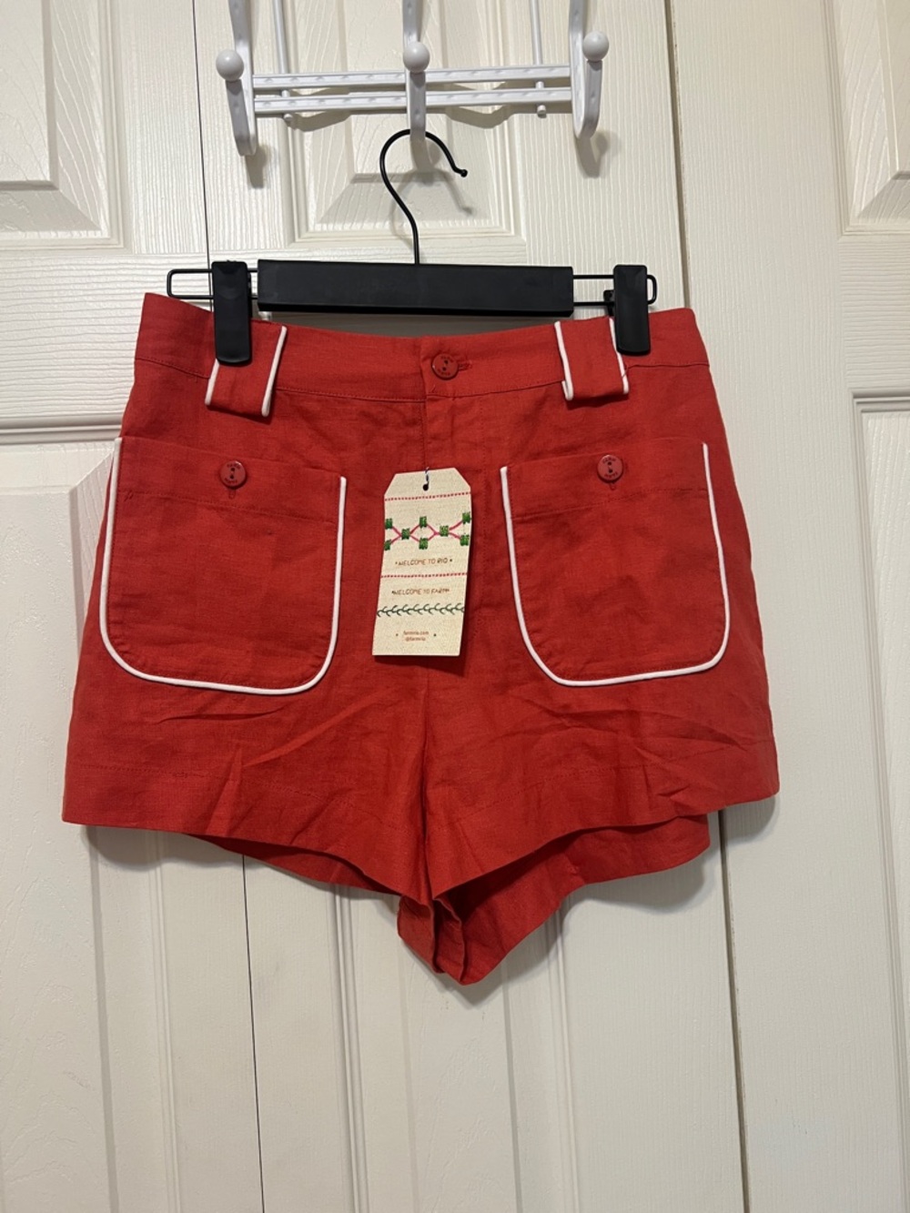 FARM Rio Red High-Waist Shorts with White Piping